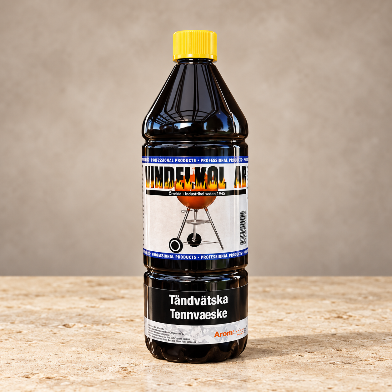 Vindelkol tändvätska 1 liter, flaska på varm ljus stenbakgrund